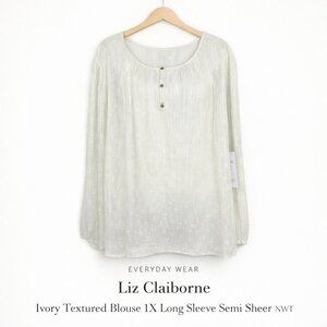 Liz Claiborne Ivory Textured Blouse 1X Long Sleeve Semi Sheer NWT